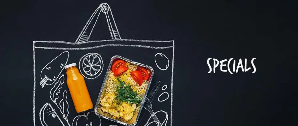 A sketch of some food items on a chalk background with teh words specials written in a hand font