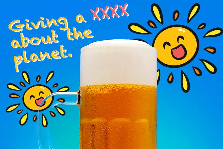 giving a xxxx about the planet with a graphic of the sun and a glass of beer