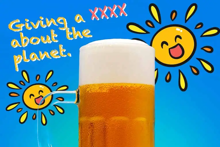 giving a xxxx about the planet with a graphic of the sun and a glass of beer